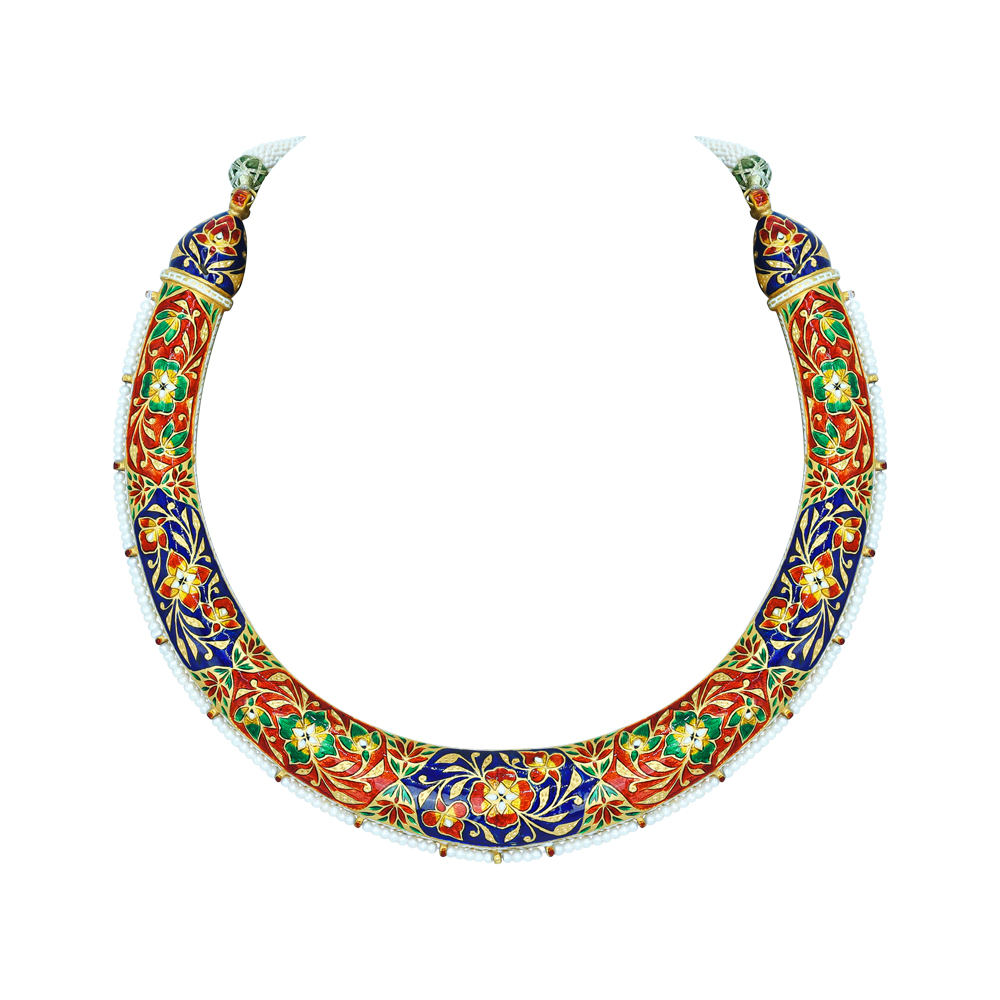 Green Enamel Hasli with Polki Diamonds and Pearl Accents